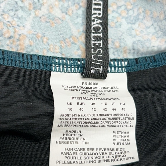 Miraclesuit Thebes Criss Cross Escape 1PC Swimsuit *Teal & Gold Print* Size 10 - Picture 6 of 8